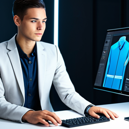 A young adult professional, fully clothed in a modest business suit, sitting at a sleek, futuristic workstation. The person is interacting with a holographic interface, which displays a customizable 3D digital avatar. The avatar is also fully clothed in professional, modest attire, and is shown in various stages of modification, such as changing outfits or accessories. The setting is a modern, minimalist office or a digital design studio, with soft, ambient lighting. Professional photography, high-resolution, sharp focus, perfect anatomy, correct proportions, natural pose, well-formed hands, proper finger count, natural body proportions, safe for work, appropriate content, fully clothed, professional, modest.