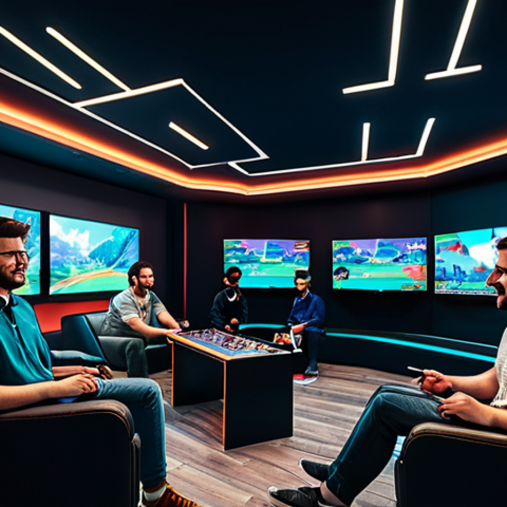 A vibrant scene featuring a diverse group of professional gamers, fully clothed in appropriate and modest attire, gathered in a modern, sleek gaming lounge. Some individuals are engaged with high-resolution screens displaying contemporary game graphics, while others are enthusiastically interacting with large displays showcasing clear, well-rendered pixel art retro games. The lounge subtly blends cutting-edge technology with nostalgic gaming memorabilia, creating an atmosphere of shared passion. perfect anatomy, correct proportions, natural poses, well-formed hands, proper finger count, professional photography, high quality, safe for work, appropriate content, fully clothed, family-friendly.