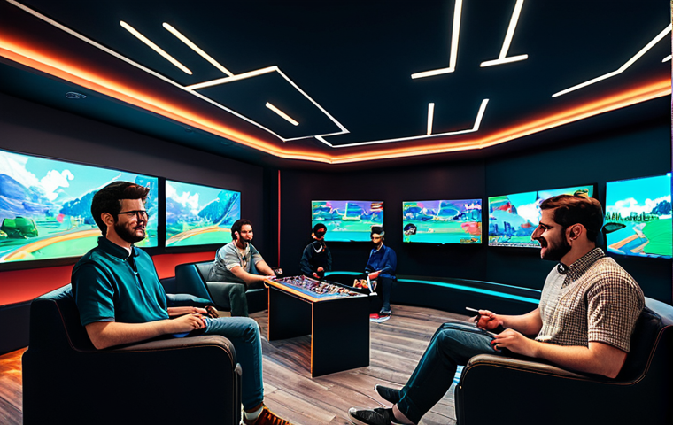 A vibrant scene featuring a diverse group of professional gamers, fully clothed in appropriate and modest attire, gathered in a modern, sleek gaming lounge. Some individuals are engaged with high-resolution screens displaying contemporary game graphics, while others are enthusiastically interacting with large displays showcasing clear, well-rendered pixel art retro games. The lounge subtly blends cutting-edge technology with nostalgic gaming memorabilia, creating an atmosphere of shared passion. perfect anatomy, correct proportions, natural poses, well-formed hands, proper finger count, professional photography, high quality, safe for work, appropriate content, fully clothed, family-friendly.