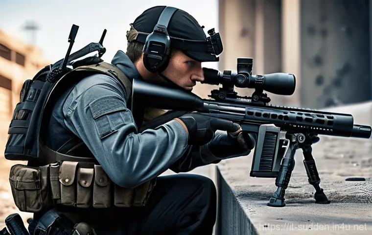 서든어택 무기 밸런스 분석 - **Elite Sniper in Action:** A highly focused, experienced sniper, dressed in tactical gear with ...