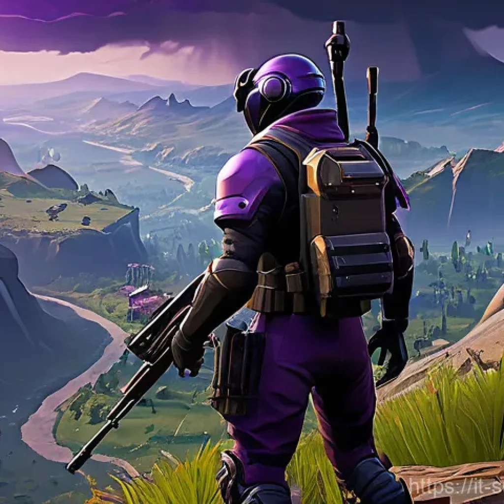 서든어택 서바이벌 모드 공략 - **Strategic High Ground and Observation:** "A lone Fortnite player, clad in sleek, futuristic ba...