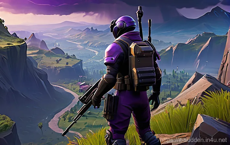 서든어택 서바이벌 모드 공략 - **Strategic High Ground and Observation:** "A lone Fortnite player, clad in sleek, futuristic ba...