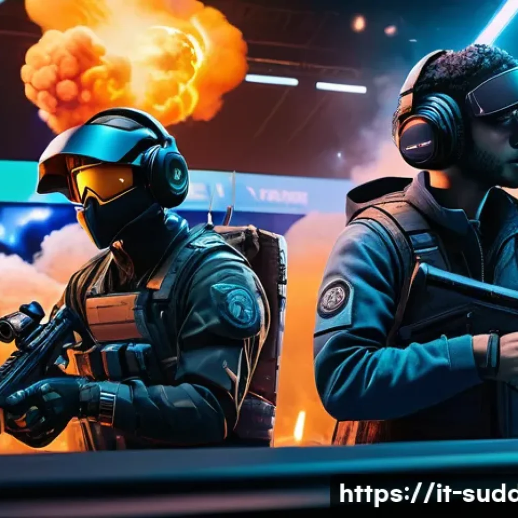 서든어택 크로스플레이 여부 - A dynamic, futuristic gaming scene showcasing a diverse group of players from different platforms—PC...