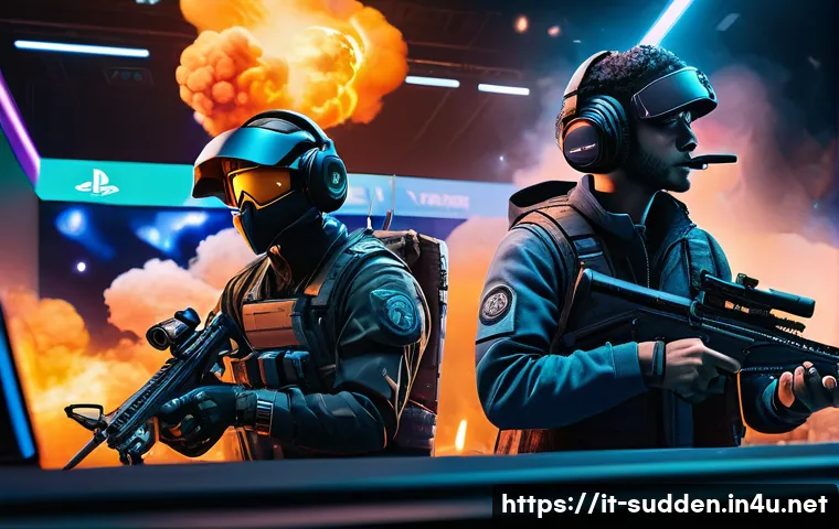 서든어택 크로스플레이 여부 - A dynamic, futuristic gaming scene showcasing a diverse group of players from different platforms—PC...