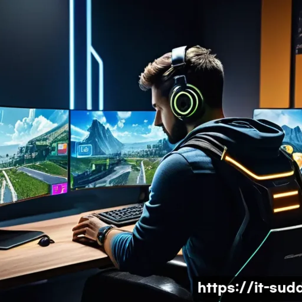 서든어택 과금 없이 즐기는 방법 - A vibrant digital gaming scene showcasing a focused Italian player at a sleek gaming setup, completi...