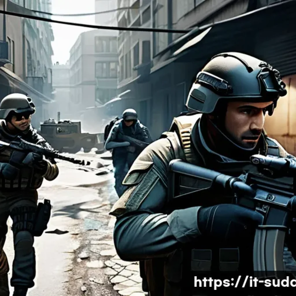 서든어택 맵 공략 - A detailed tactical shooter game scene set in a realistic urban environment with multiple strategic ...