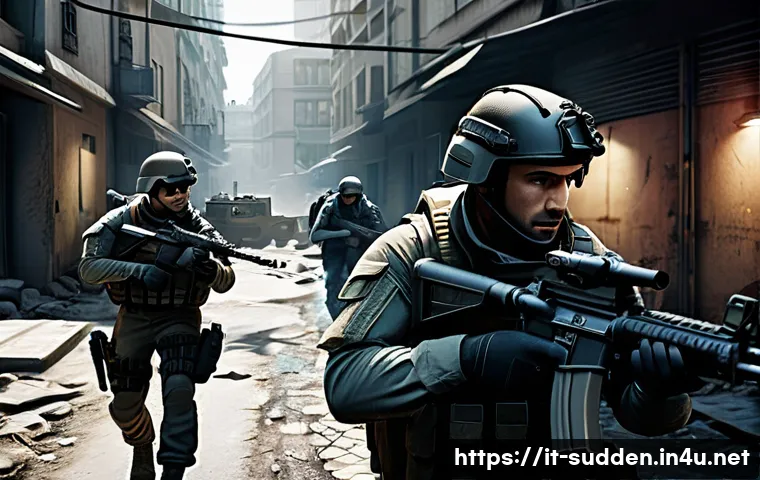 서든어택 맵 공략 - A detailed tactical shooter game scene set in a realistic urban environment with multiple strategic ...