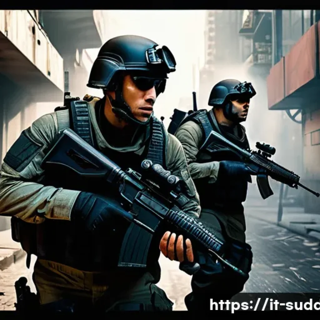 서든어택 클래식 모드와 차이점 - A dynamic first-person shooter scene showcasing two teams in intense combat within a modern urban en...