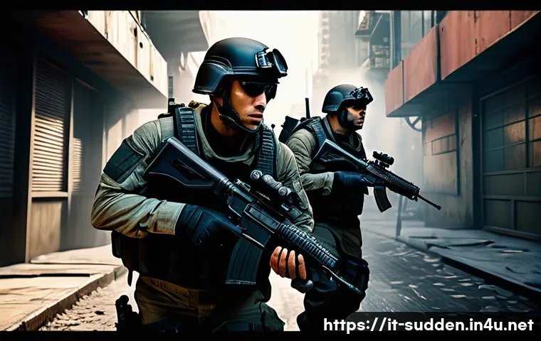 서든어택 클래식 모드와 차이점 - A dynamic first-person shooter scene showcasing two teams in intense combat within a modern urban en...