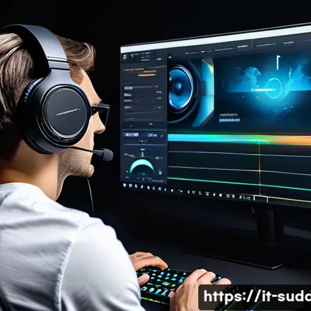 서든어택 사운드 설정 최적화 - A detailed gaming setup scene featuring a professional gamer adjusting audio settings on a high-end ...