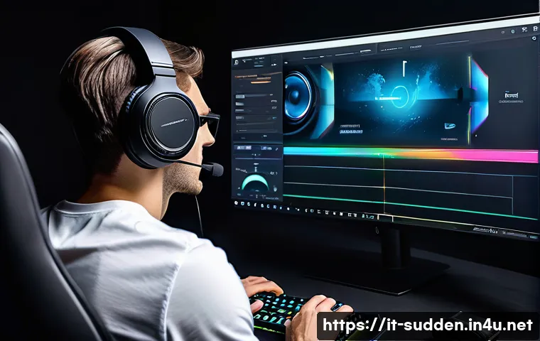 서든어택 사운드 설정 최적화 - A detailed gaming setup scene featuring a professional gamer adjusting audio settings on a high-end ...