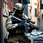 Home 18 서든어택 무기 등급 - A dynamic close-quarters combat scene inside a narrow urban corridor, featuring a tactical soldier w...