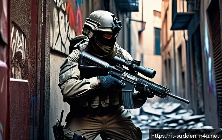서든어택 무기 등급 - A dynamic close-quarters combat scene inside a narrow urban corridor, featuring a tactical soldier w...