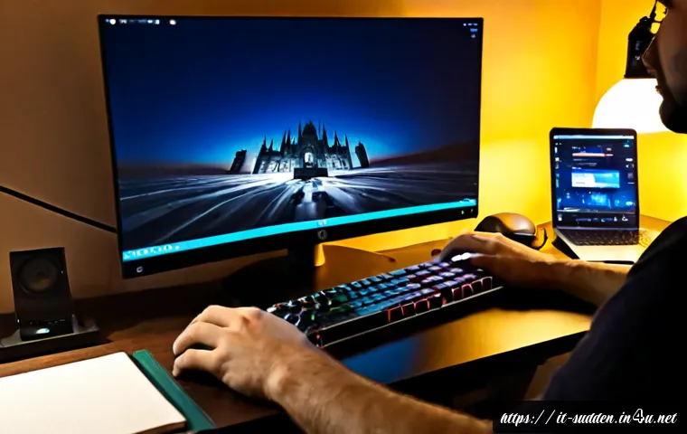 Home 13 서든어택 버그 신고 방법 - Photorealistic Italian PC gamer at a tidy home desk in Milan, calmly documenting a video game glitch...