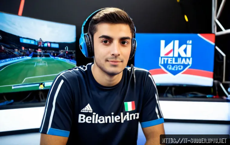 Home 15 서든어택 리그 경기 중계 - Photorealistic Italian esports league broadcast studio, focused young adult commentator wearing a he...